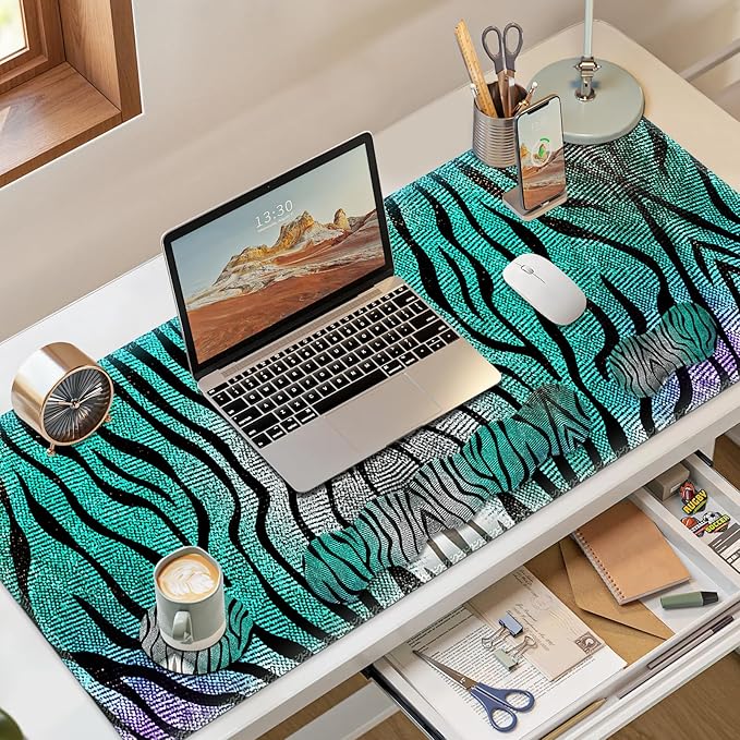 Gaming Mouse Pad Keyboard Wrist Support, 4 in1 Mousepad with Wrist Keyboard Rest, Computer Desk Mat, Non-Slip Desk Pad Protector with Memory Foam Easy Typing Pain Relief I Green Zebra Stripes