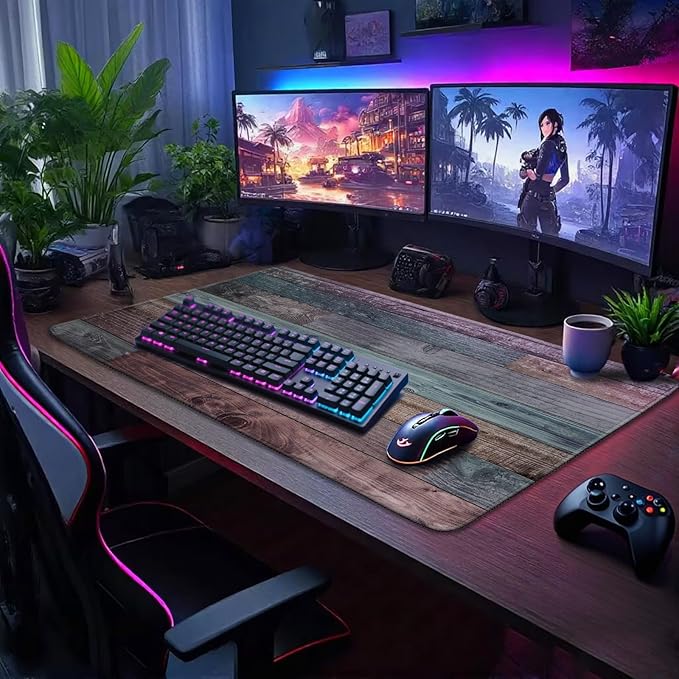 Rustic Wood Pattern Large Gaming Mouse Pad 31.5"x15.7"｜XXL Desk Mat, Non-Slip Rubber Base & Stitched Edges - Extended Waterproof Mousepad for PC/Laptop/Office/Home Decor