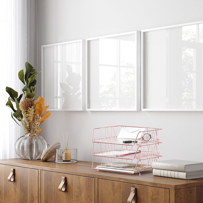 SimpleHouseware Stackable Wide Entry Desk File Document Letter Tray with Liner, Wire Grid, 3 Packs, Rose Gold