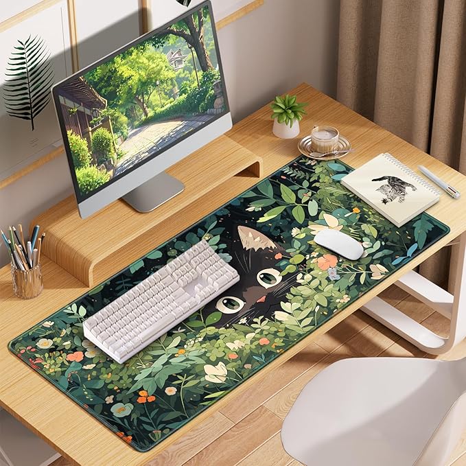 Anime Cat Mouse Pad Green Desk Mat, Kawaii XXL Large Mouse Pad Keyboard with Stitched Edges Non-Slip, 35.4×15.7in Mousepad Mat for Desktop Computer Laptop Office Women Decor Game Funny