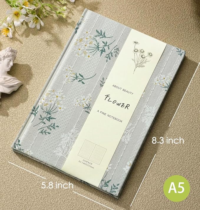 Floral Journal for women, Floret Printed Fabric Cloth Hardcover, A5, 200 Pages, 6x8 Medium Ruled Notebook, Similar Embroidered Linen Journal, Lay Flat Church Notes Notebook, Beige