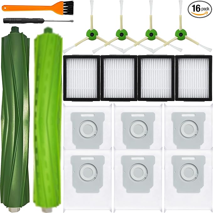 Bluearks 16Pcs Parts Compatible with Roomba i1+ J7 i7+ i3+ i4+ EVO i6+ i8+ i7 J7+ Plus E5 E6 E7 Robot Vacuum Cleaner Accessories Kit, 2 Rubber Main Brush 4 Filters 4 Side Brushes 6 Vacuum Bags