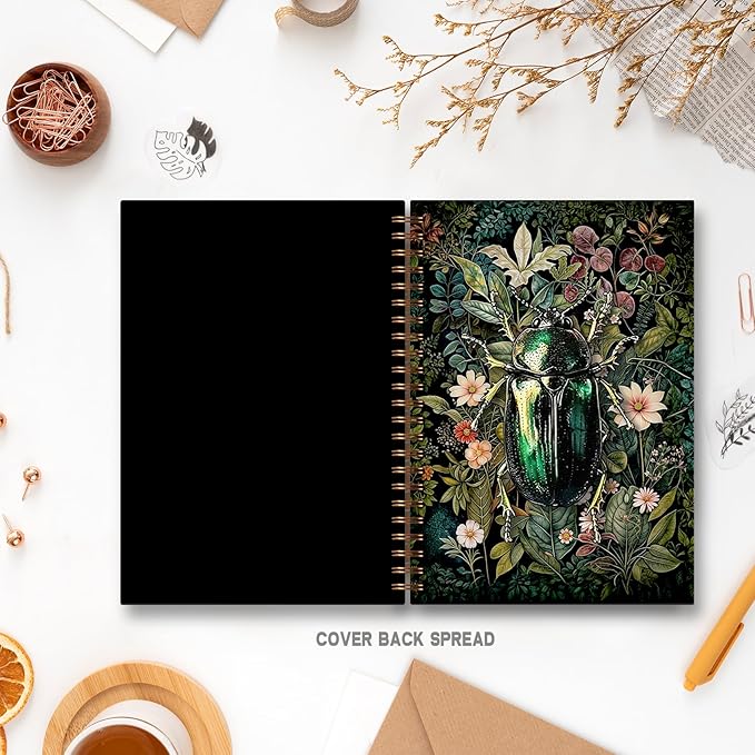 Vintage Floral Beetle Notebook, Retro Moody Wildflower Insect Journal, Dark Cottagecore Botanical Journal for Writing, Rustic Floral Spiral Notebook 5.5x8.3 Inch