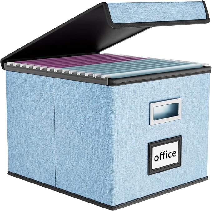 Huolewa Collapsible File Storage Organizer Box with Lid, Hanging File Folders Box Organizer with Plastic Slides, Decorative Home/Office Filing System Boxes for File and Folders Storage - Powderblue