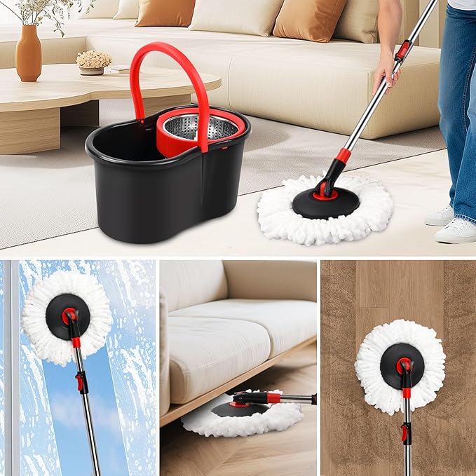 Spin Mop and Bucket, Mop and Bucket with Wringer Set for Home, 360 Spinning Mop Bucket Floor Cleaning Tool with 1 Microfiber Mop Replacement Head,50" Stainless Steel Handle (Black-Includes 1 mop)