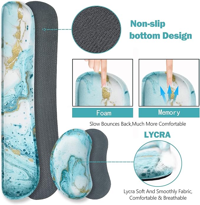 ARTSO Large Gaming Mouse Pad, Keyboard Wrist Rest Pad & Wrist Support Mousepad Set, Stitched Edge, Extended, Non-Slip Base, Memory Foam Desk Mat 4pcs for Office & Home, Teal Turqoise Marble