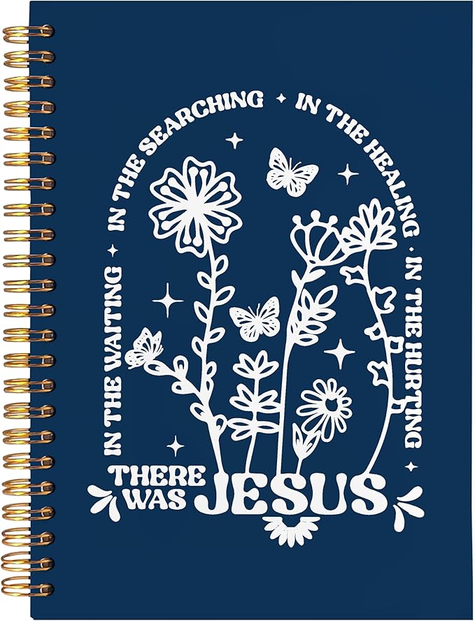 BearCake Boho Floral Christian Notebook Journal, Christian Gifts for Women, Bible Notebooks for Note Taking, Bible Journaling Notebook, There Was Jesus Hardcover Spiral Notebook 5.5x8.3 Navy Blue