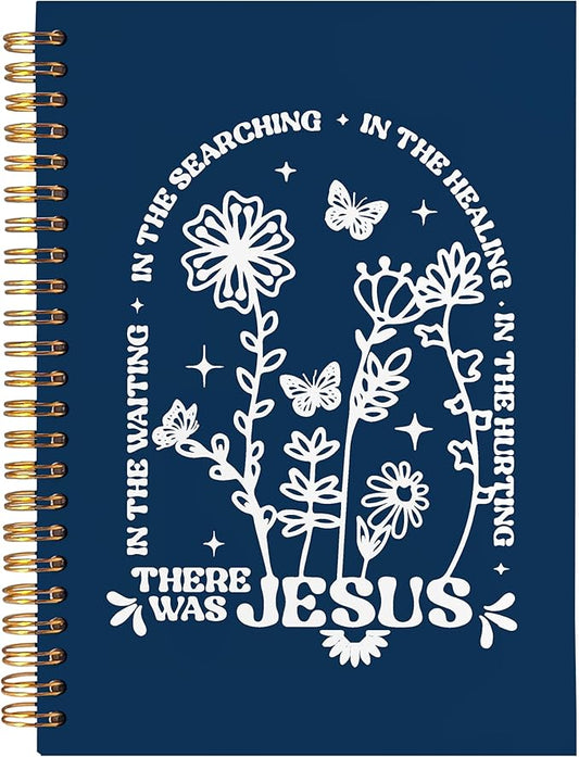 BearCake Boho Floral Christian Notebook Journal, Christian Gifts for Women, Bible Notebooks for Note Taking, Bible Journaling Notebook, There Was Jesus Hardcover Spiral Notebook 5.5x8.3 Navy Blue