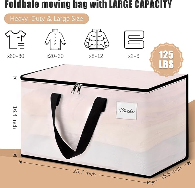 Heavy Duty Moving Bags - Extra Large Packing Bags and Storage Totes, Collapsible and Foldable Option for Moving and Storage, Clear, 125 L - 6 Pack