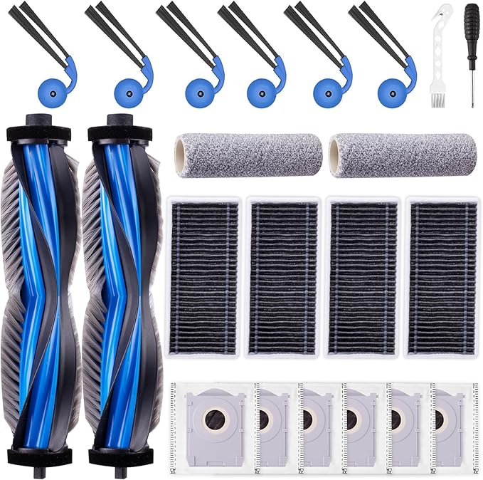EOVWAEO 22 Pack Accessories Kit for ECOVACS DEEBOT X9 PRO Omni / X9 PRO Robot Vacuum, Replacement 2 Anti Tangle Main Brush 2 Roller Mop 6 Dust Bags 6 Sidebrush 4 Filter 1 Cleaning Brush 1 Screwdriver