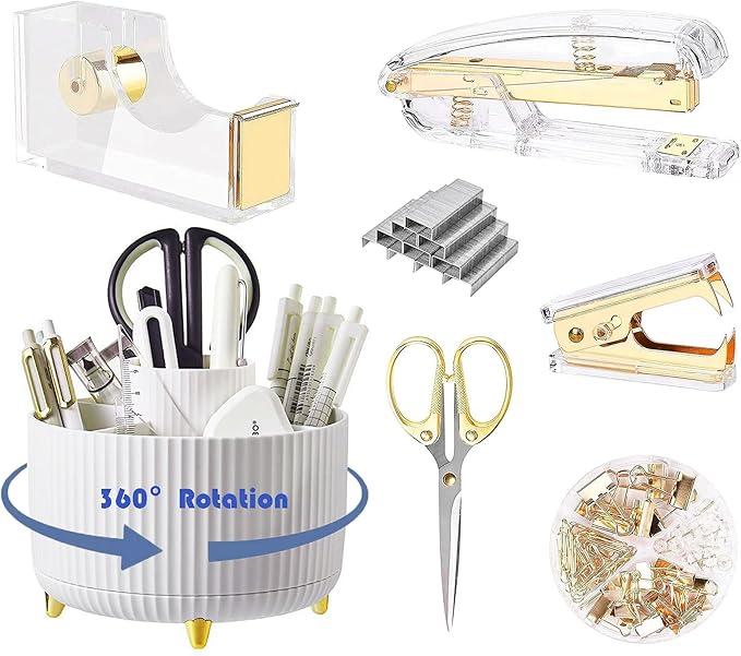 Gold Desk Organizers and Accessories 7Pcs Set with 360-Degree Rotating Pen Holder, Acrylic Stapler, Tape Holder, Staple Remover, Binder/Paper Clips Kit, Scissor and 1 Box of Staples (Gold)
