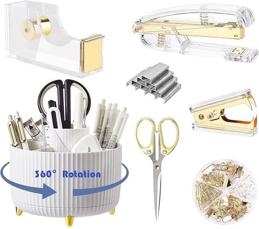 Gold Desk Organizers and Accessories 7Pcs Set with 360-Degree Rotating Pen Holder, Acrylic Stapler, Tape Holder, Staple Remover, Binder/Paper Clips Kit, Scissor and 1 Box of Staples (Gold)