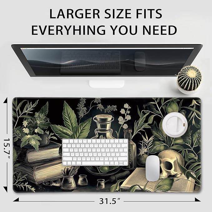 Gothic Dark Botanical Large Gaming Mouse Pad 31.5"x15.7"｜XXL Desk Mat, Non-Slip Rubber Base & Stitched Edges - Extended Waterproof Mousepad for PC/Laptop/Office/Home Decor