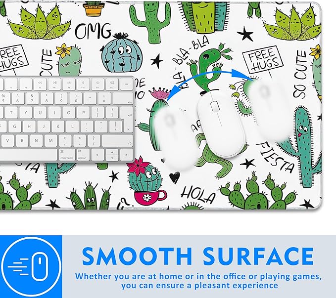 Large Extended Mouse Pad Art Cartoon Cactus Desk Mat,Large Gaming Mouse Pad,Big Desk Pad with Thick Stitched Edges Suit for Home Office or Gaming 35.4x15.7 Inch