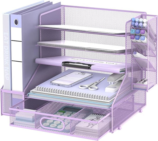 SUPEASY Desk Organizer with File Holder, 5-Tier Mesh Paper Letter Tray Organizer with Pen Holder and Drawer, Desktop Organizer and Storage with 3 Tilted File Sorter for Office Supplies, Purple
