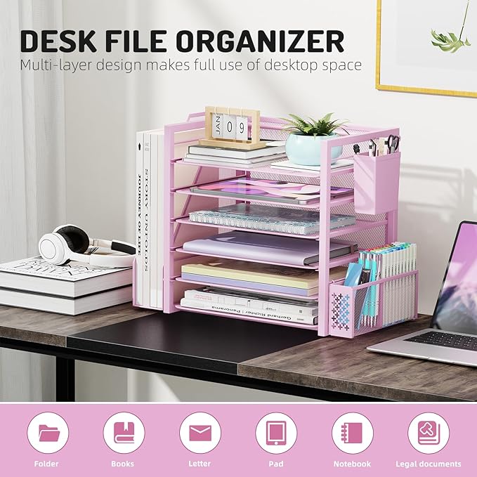 Simple Trending 6 Tier Desk File Organizer, Paper Letter Tray Organizer with File Holder and Pen Container, Pink