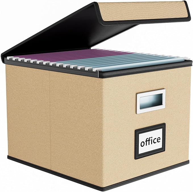 Huolewa File Organizer Box with Lid, Collapsible File Folder Organizer for Office Document Storage, Filing Box with Plastic Slide for Letter/Legal Size Hanging Files (Brown)