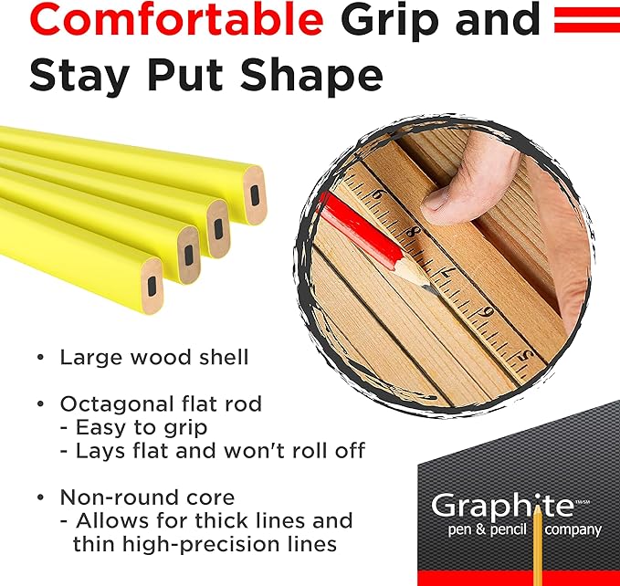 GRAPHITE Hard Lead Carpenter Pencil #2 Lumber Pencil (1) Pack of 12 PCS - Industrial Pencil Wood Flooring Marker for Wood Working Tools Marking & Concrete Marking - Neon Yellow