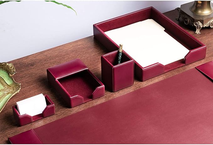 DACASSO Bonded Leather Desk Set - Luxury Leather Desk Pad & Desk Organization Essentials (Burgundy, 5 Piece)