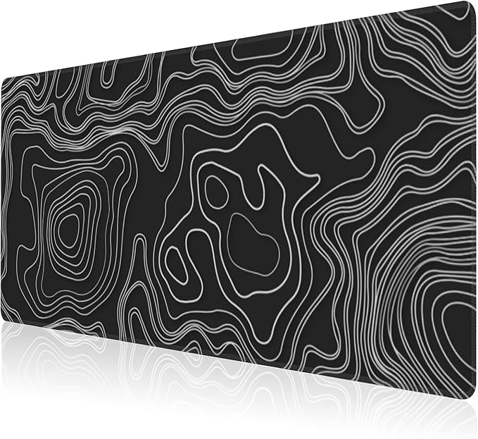 Mouse Pad, Large Mountain Topographic Terrain Map Desk Mat, Extended Non-Slip Gaming Keyboard Mousepad Desk Pad, Thick Stitched Edges Waterproof Mouse Mat 31.5"x15.7" (White Topographic Line Art)