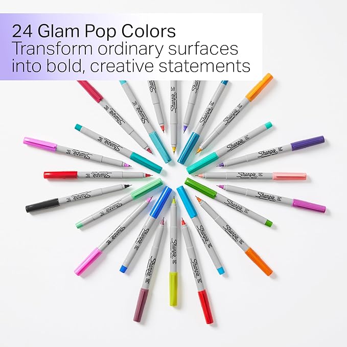 Sharpie Glam Pop Permanent Markers, Ultra Fine Tip Set, Coloring and Drawing, Resilient Ink, Assorted Colors, 24 Count