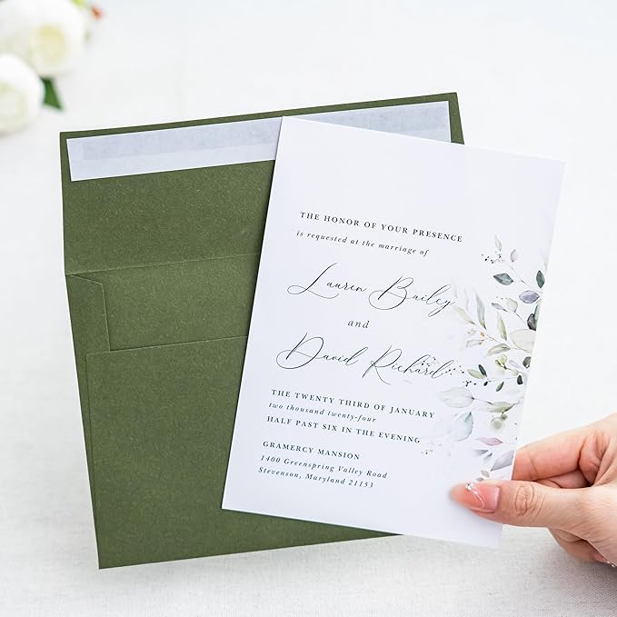 PONATIA 50 PCS 5x7 Envelopes, Olive Green Self- Adhesive A7 Envelopes for Weddings, Invitation Cards, Photos, Postcards, Greeting Cards Mailing, Baby Shower, Graduation, Christmas Gift Cards