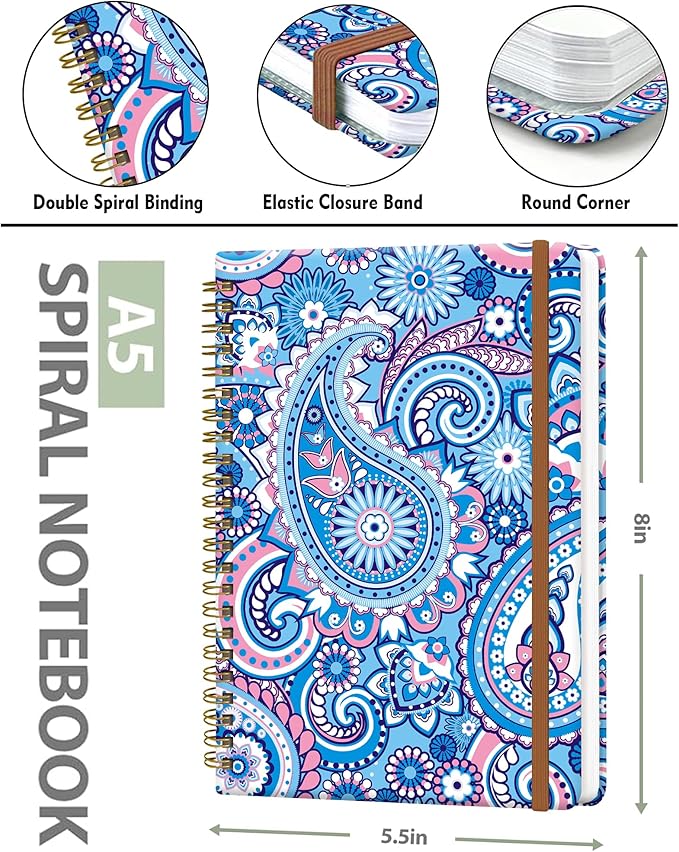 Spiral Journal Notebook for Women, Hardcover A5 College Ruled Notebook, 120 Pages, Thick Paper, Cute Lined Journal for School, Office & Work, 6 x 8.4 in(Asian Paisley)