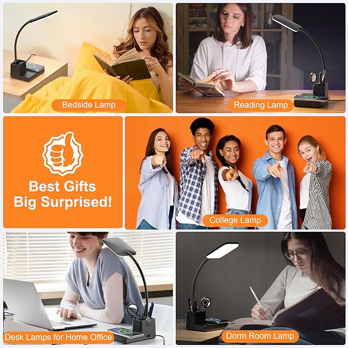Sailstar Desk Lamp, Table Lamp with Wireless Charger & USB Port, 800LM CRI95 3 Color Modes Dimmable Touch 360°Gooseneck Pen Holder, LED Desk Lamps for Home Office, College Dorm Room, Adapter Included