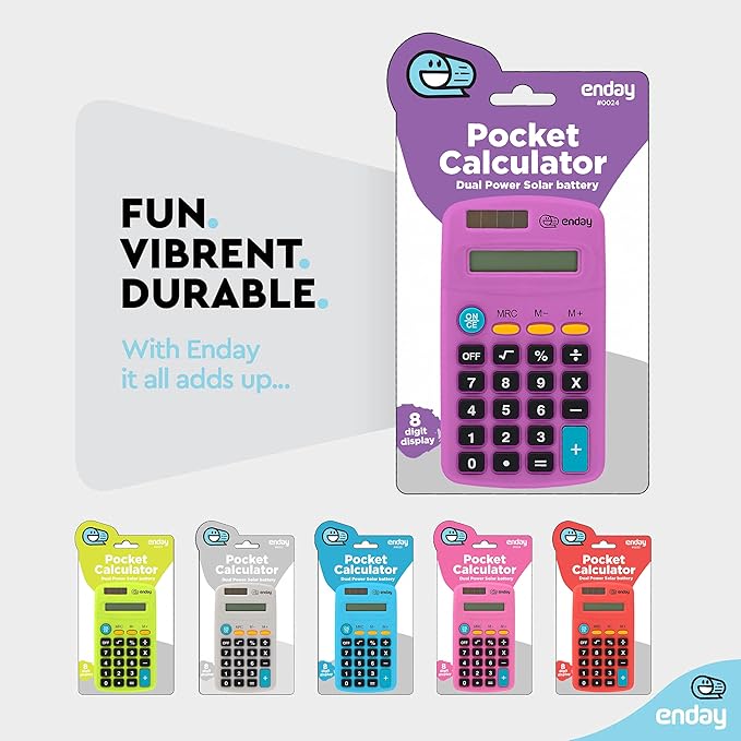 Calculator Purple, Basic Small Solar and Battery Operated, Large Display Four Function, Auto Powered Handheld Calculator School and Kids Available in Green, Red, Blue, Grey, Pink, 24 PK – by Enday