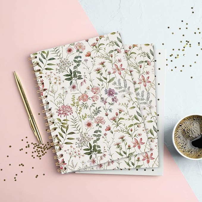 Floral Journal Notebooks, Girly Aesthetic College Ruled Notebooks for Note Taking, Cottagecore Botanical Floral Journal Journaling, Spiral Notebook 5.5x8.3