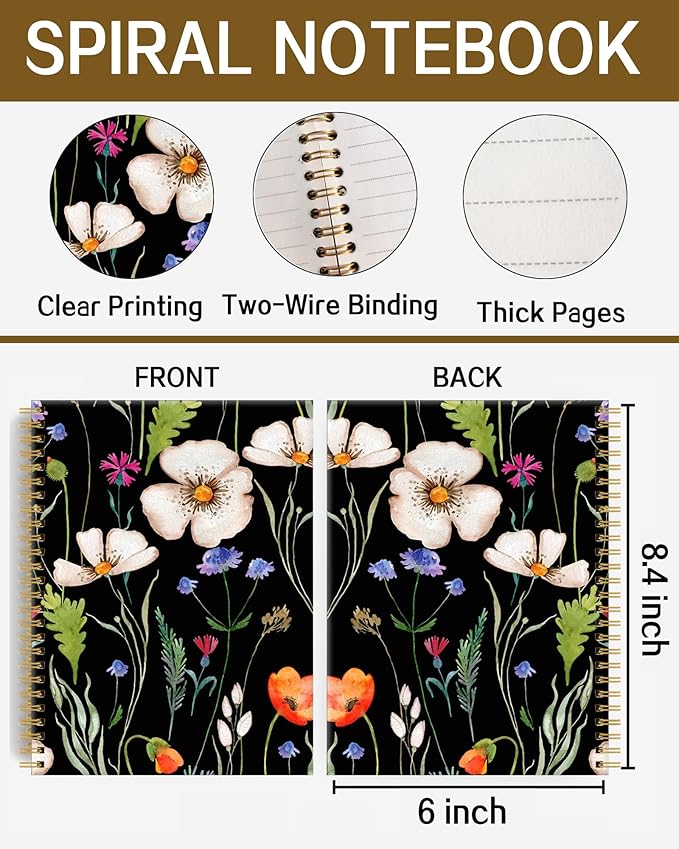 Spiral Notebook A5, Hardcover Journal for Women, 120 Pages Thick College Ruled Paper, Perfect for Office, School, or Home Use(Watercolor Delicate Wildflowers)