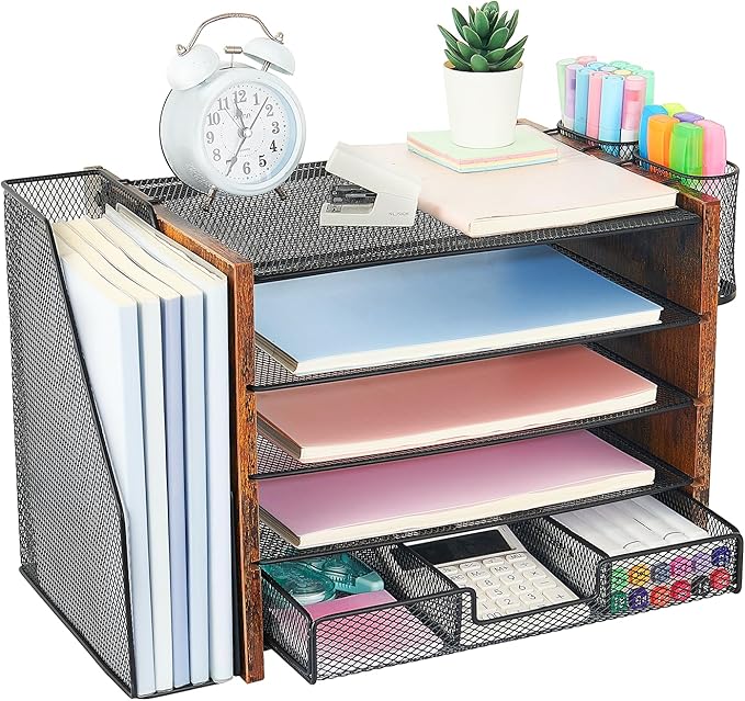 Wood Desk Organizers and Accessories with File Organizer, 5-Tier Paper Organizer with Drawer & Pen Holder, Office Desk Accessories, Workspace Desktop Storage for Office Supplies Organization（Brown）