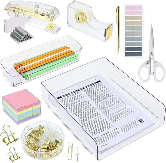Buqoo Gold Acrylic Sticky Note Holder with 5 Pack Sticky Notes, Stapler and Tape Dispenser Cutter with Staple Remover, Scissor, Ballpoint Pen, Sticky Notes, Paper Clips, File Tray