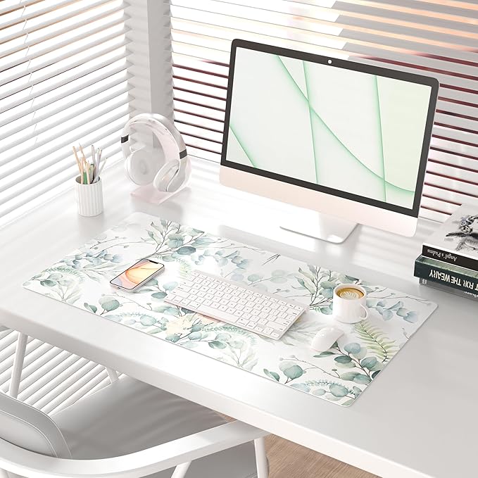 QIYI Large Mouse Pad for Desk, Cute Desk Mat for Desktop, Women Girls Green Office Décor Desk Accessories, PU Leather Waterproof Gaming Mousepad, Eucalyptus Leaf Desk Pad Computer Mat, 31.5" x 15.7"