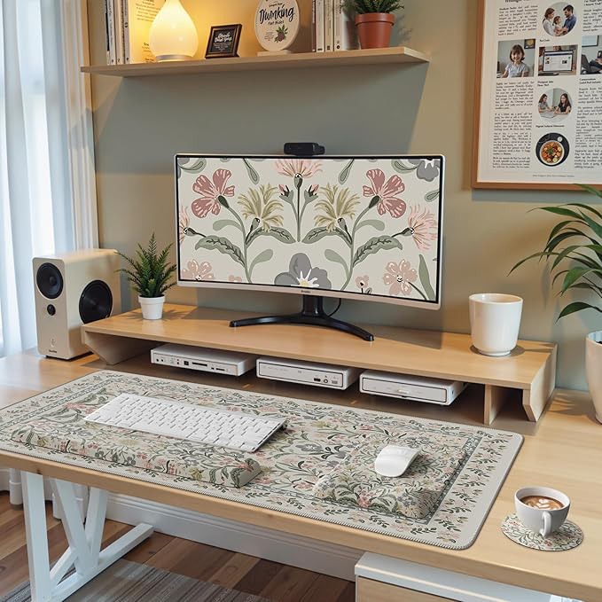 iCasso Mouse Pad with Wrist Rest,Large Desk Mat Set,Ergonomic Keyboard Pad with Wrist Support,Non-Slip Mouse Mat for Women,Cute Floral Computer Mat for Home Office Gaming (Gray Floral)