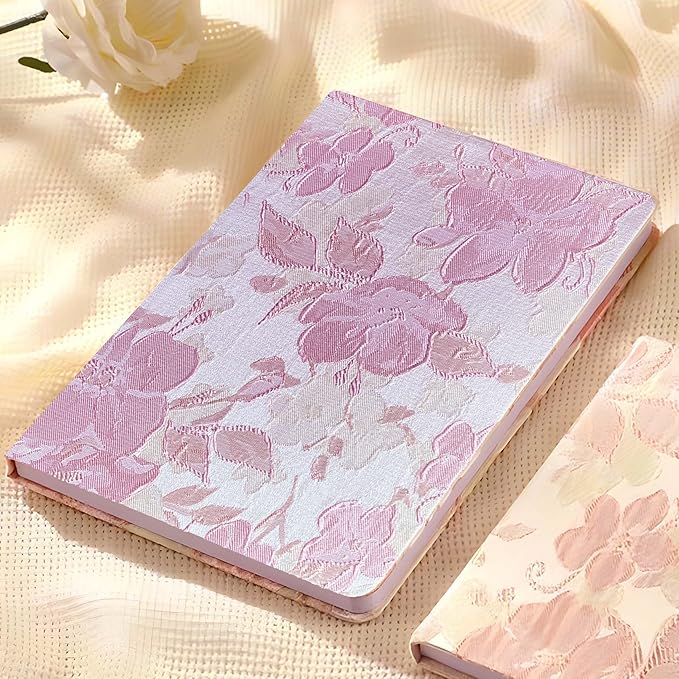 Pink Notebook, A5, Ruled Journal, Hardcover, Lay-flat, Embroidered Flower Journal, Beautiful Journal, Cute Notebooks for Women, Gift for Her, Writing Journal, Gratitude Journal, Peach Blossom