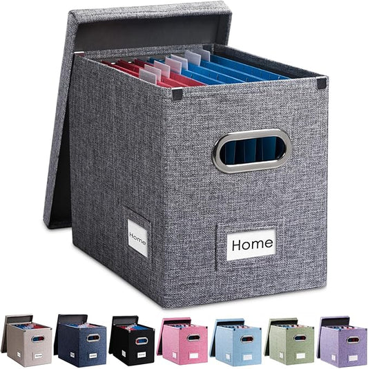 PRANDOM File Organizer Box - Set of 1 Collapsible Decorative Linen Filing Storage Hanging File Folders with Lids Office Cabinet Letter Size Grey (14x9.3x10.8 inch)