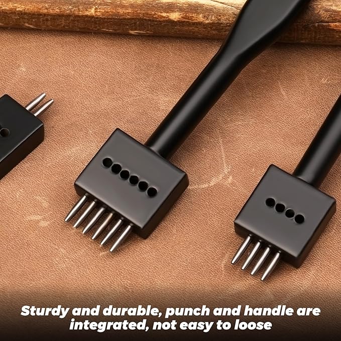 Leather Hole Punch, Black Hole Punch Tool 3mm 2/4/6 Lacing Stitching Punch, Round Hole Prong Stitching Chisel Set Leather Working Tools for Leathercraft