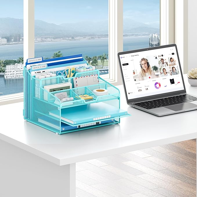 Lavatino Desk Paper File Organizer - Metal Mesh with 2 Letter Trays, 7 Flexible Dividers, 2 Vertical File Folder Holders for Office/Home/Classroom Supplies, Desk Organizers and Accessories, Blue