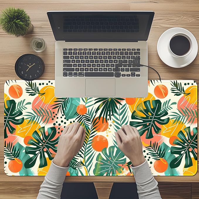 Tropical Leaves Large Mousepad 31.5 x 15.7 inch, XXL Waterproof Desk Mat Gaming Mouse Pad, Aesthetic Flowers Desktop Mat, Laptop Pad, Computer Writing Mat for Home Office Desk Decor