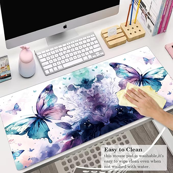 Butterfly Desk Pad Protector, Stitched Edges Mouse Pad, Large Office Desk Mat, Non-Slip Desk Blotter, Laptop Desk Pad, Desk Writing Pad for Office and Home (XXL)