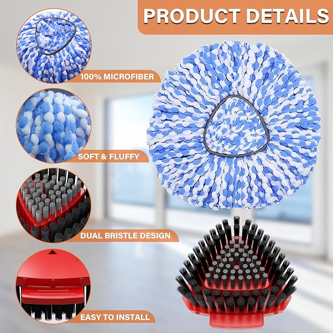 Fatmass Spin Mop Head Replacement for O Cedar RinseClean 2-Tank System,2 Mop Replace Heads + 1 Upgrade Scrubber Brush, 100% Microfiber Mop Refills Deep Cleaning Machine Washable