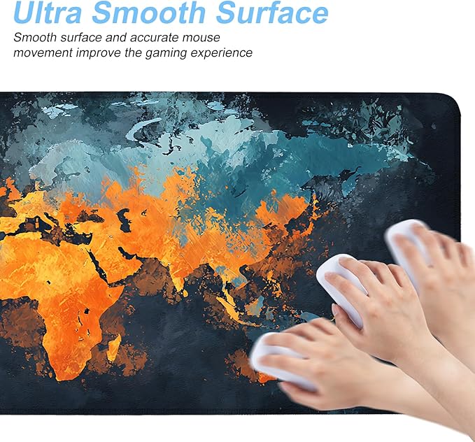 World Map Artistic Design Mouse Pad – 31.5" x 11.8" Extended Abstract Desk Mat with Bold Orange and Blue Color Palette – Large Non-Slip Surface for Office, Home, and Study