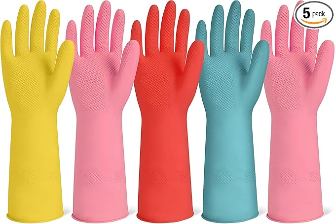 Rubber Cleaning Gloves for Dishwashing-5 Pairs Colorful Reusable Household Cleaning Glove for Washing Dishes and Kitchen Cleaning Non-Slip Grip Dish Gloves for Women Men (Large)