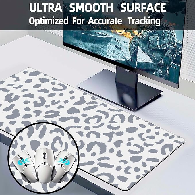 Desk Pad, Abstract Grey Leopard Prints Extended Large Gaming Mouse Pad for Desk XXL, Large Desk Mat for Desktop with Non-Slip Rubber Base Stitched Edges for Computer Keyboard Home Office 35.4"X15.7"