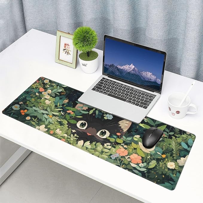 Cat Hiding in Flowers Large Mouse Pad, Anime Style Gaming Desk Mat, XL Keyboard Desk Pad Mat for Desktop, 31.5"x11.8" Non-Slip Base Big Mousepad with Stitched Edges