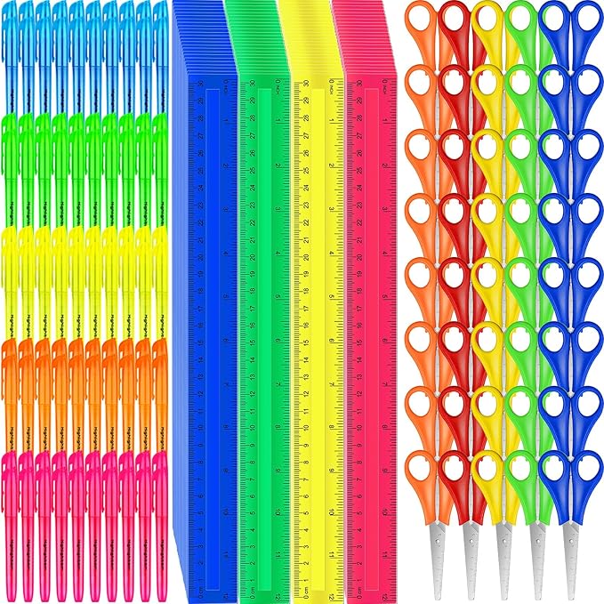 300 Pcs Back to School Supplies Kit, Include 100 Pcs 12 Inch Plastic Rulers 100 Pcs Assorted Colors Highlighters 100 Pcs Student Scissors for Kids Classroom Charity Donation Supplies (300)