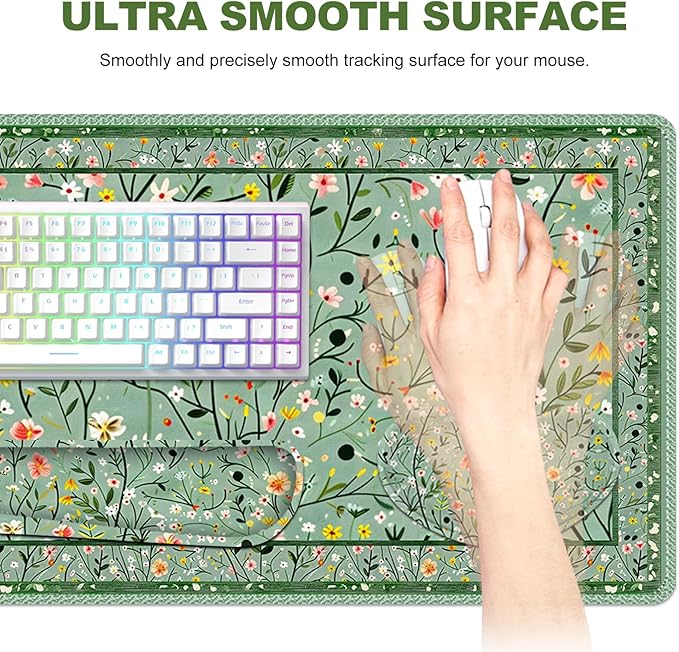 Floral Desk Mat, 4in1 Large Mouse Pad with Wrist Rest, Anti-Slip Desk Pad for Desktop, XXL Ergonomic Mousepad with Wrist Support for Keyboard and Mouse, Green Art Flowers