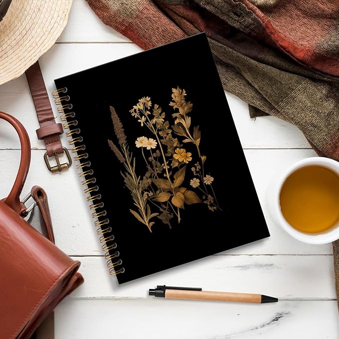 Vintage Dark Floral Notebook Journal, Retro Wildflowers Journal for Women, Retro Floral Aesthetic Notebooks for Note Taking, Spiral Notebook 5.5x8.3 Inch