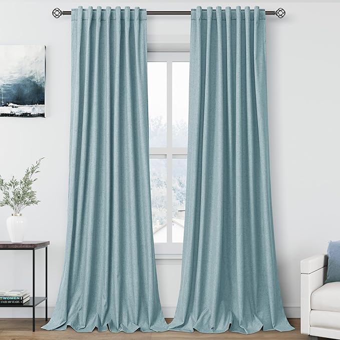 Blackout Light Blue Linen Curtains 96 Inches Long Back Tab Heat Reflective Full Light Block Out Curtain 2 Panels for Bedroom Window Textured Long Draperies with Liner Floor to Ceiling Length 52x96
